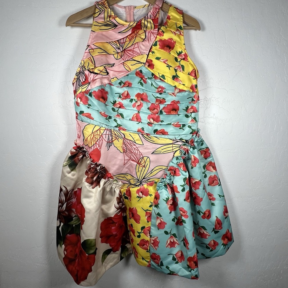 LORAGAL Women's Puffy Ruffle Dress Sz L Colorful Floral Sleeveless Coquette NEW